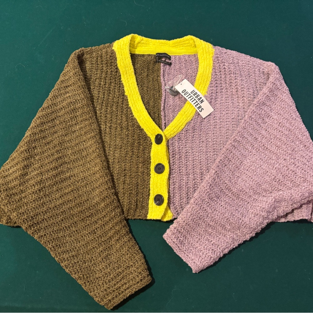 Urban Outfitters Super Cropped Green and Purple Knit Cardigan